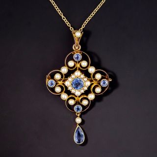 Edwardian Sapphire and Natural Pearl Pendant/Brooch - 1