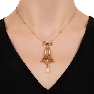 Edwardian Seed Pearl, Diamond and Sapphire Pendant