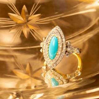 Edwardian Turquoise and Diamond Navette Ring