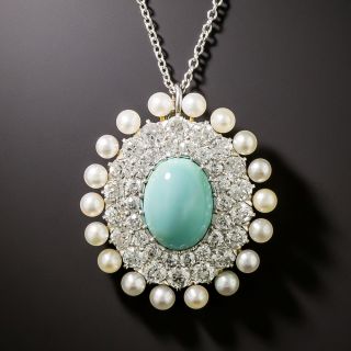Edwardian Turquoise, Natural Pearl and Diamond Pendant by Shreve & Co. - 3