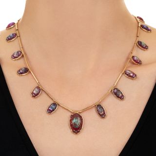 Egyptian Revival Favrile Glass Scarab Necklace