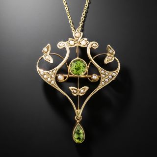English Art Nouveau Peridot and Seed Pearl Lavaliere/Brooch - 2