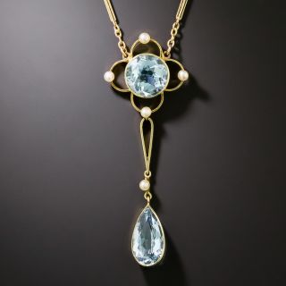 Edwardian Aquamarine and Natural Pearl Lavaliere Necklace - 2