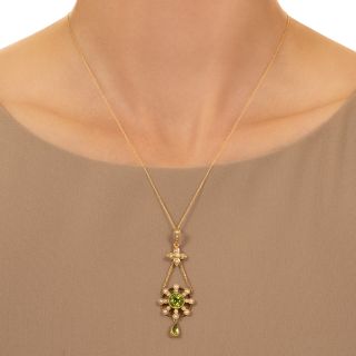 English Edwardian Peridot and Natural Pearl Drop Pendant