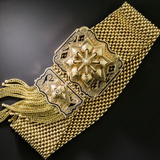 English Victorian 15K Mesh Tassel Bracelet, c.1870 - 2