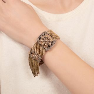 English Victorian 15K Mesh Tassel Bracelet, c.1870