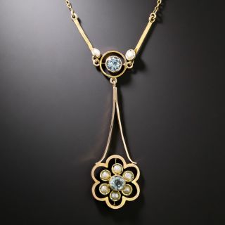 English Victorian Aquamarine and Natural Pearl Flower Dangle Necklace - 3