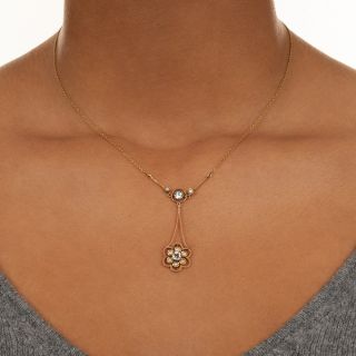 English Victorian Aquamarine and Natural Pearl Flower Dangle Necklace