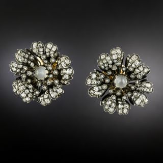 English Victorian Diamond and Cat's Eye Moonstone Flower Clip Earrings - 2