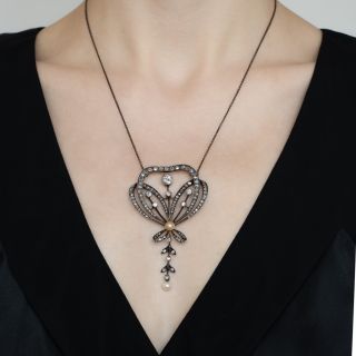 English Victorian Diamond and Pearl Bow Necklace