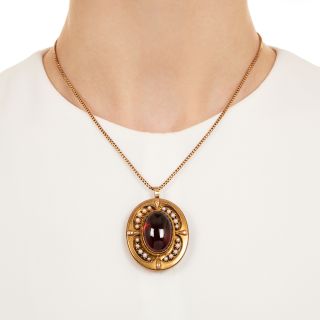 English Victorian Garnet Cabochon and Pearl Locket