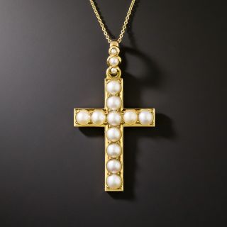 English Victorian Natural Pearl Cross Pendant - 2