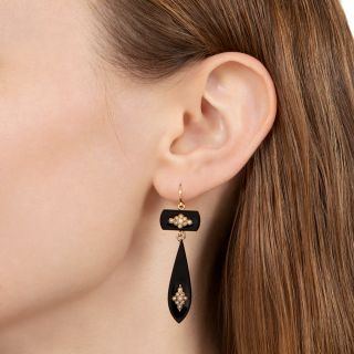 English Victorian Onyx and Seed Pearl Dangle Earrings