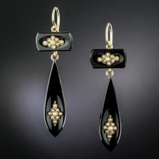 English Victorian Onyx and Seed Pearl Dangle Earrings - 2