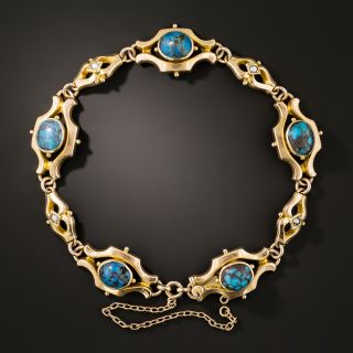 English Victorian Spiderweb Turquoise and Natural Pearl Bracelet - 2