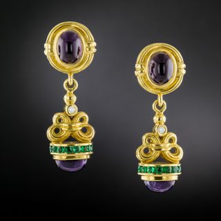 Estate 18K Amethyst, Emerald and Diamond Earrings by Lagos - 3