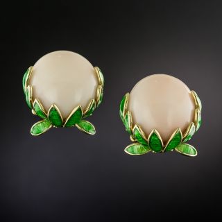 Estate 18K Angel Skin Coral and Green Enamel Leaf Earrings, French - 2