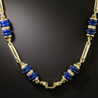 Estate 18K Carved Lapis Lazuli and Diamond Necklace, Italy