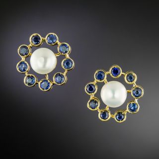 Estate 18K Cultured Pearl and Sapphire Earrings - 2