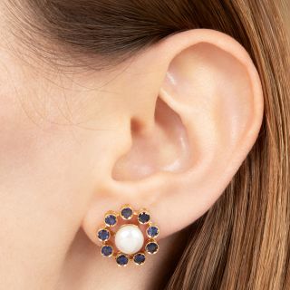 Estate 18K Cultured Pearl and Sapphire Earrings