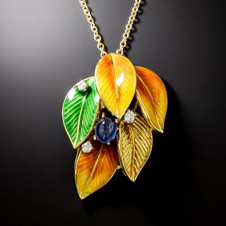 Estate 18K Enamel, Cabochon Sapphire and Diamond Leaf Pendant - 1