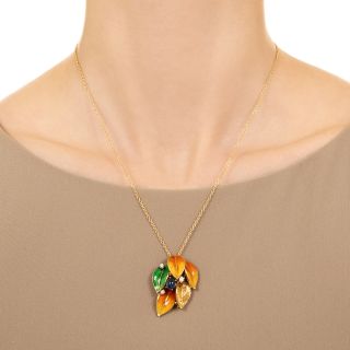Estate 18K Enamel, Cabochon Sapphire and Diamond Leaf Pendant