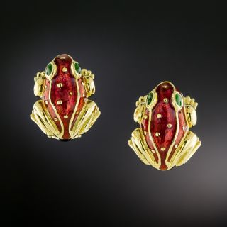 Estate 18K Enamel Frog Earrings - 3