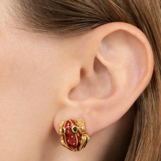 Estate 18K Enamel Frog Earrings