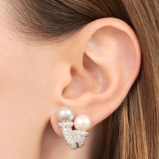 Estate 18K  Pearl and Diamond Earrings