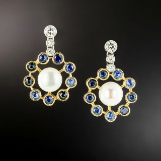 Estate 18K Pearl, Sapphire and Diamond Dangle Earrings - 2