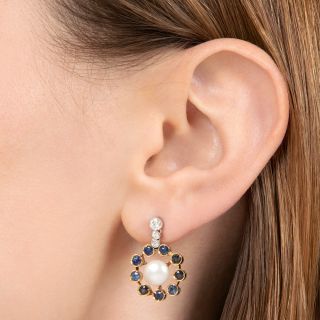 Estate 18K Pearl, Sapphire and Diamond Dangle Earrings