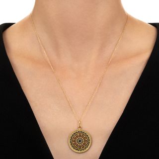 Estate 18K Plique-à-Jour Rose Window Pendant, French