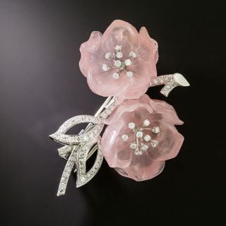 Estate 18K Rose Quartz and Diamond Flower Brooch, Austrian - 3