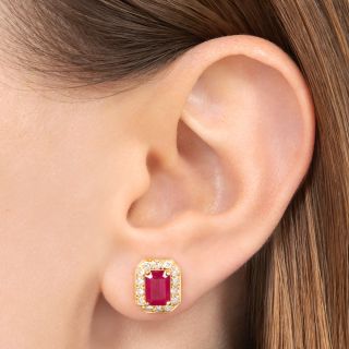Estate 18K Ruby and Diamond Stud Earrings - GIA