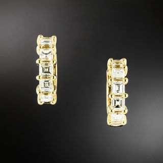 Estate 18K Square Diamond Huggie Hoop Earrings  - 2