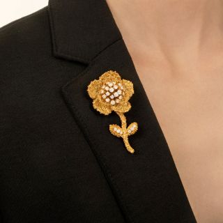 Estate 18K Textured Diamond Flower Brooch