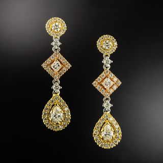 Estate 18K Tricolor Diamond Dangle Earrings - 2
