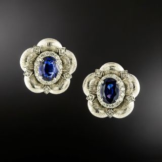 Estate 2.12 Carat Sapphire and Diamond Flower Earrings - GIA - 2