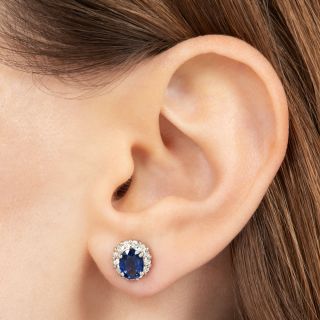 Estate 2.29 Carat Oval Sapphire and Diamond Halo Stud Earrings - GIA