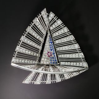 Estate Abstract Sailboat Diamond and Sapphire Brooch - 2