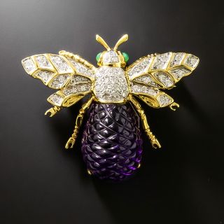 Estate Amethyst, Diamond and Emerald Bee Brooch/Pendant  - 2