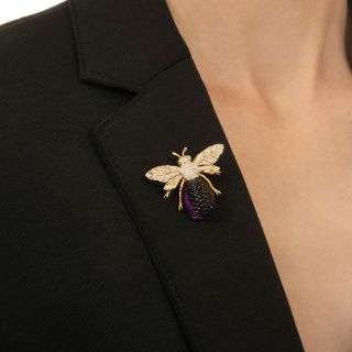 Estate Amethyst, Diamond and Emerald Bee Brooch/Pendant 