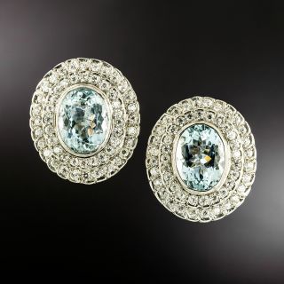 Estate Aquamarine with Double Diamond Halo Earrings  - 2