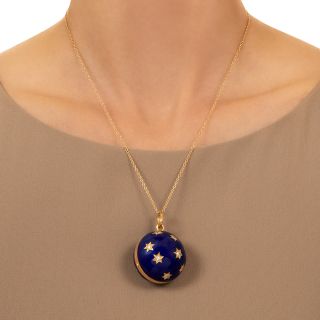 Estate Blue Enamel Ball Locket with Diamond Set Stars