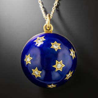 Estate Blue Enamel Ball Locket with Diamond Set Stars - 2