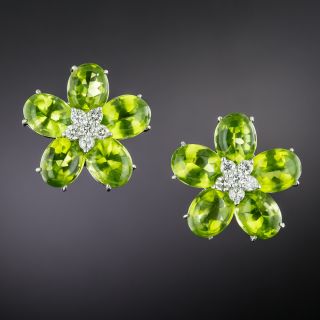 Estate Buff-Top Peridot and Diamond Flower Earrings - 2