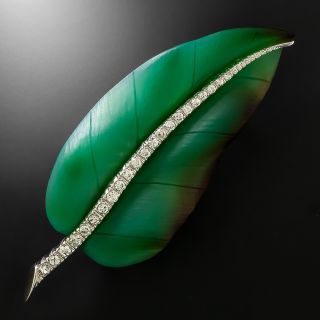 Estate Carved Chalcedony and Diamond Leaf Brooch - 2