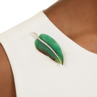 Estate Carved Chalcedony and Diamond Leaf Brooch