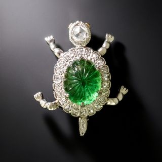 Estate Carved Emerald and Diamond Turtle Brooch - 2