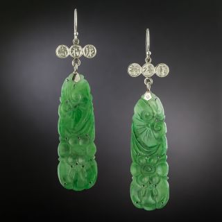 Estate Carved Jadeite Dangle Earrings - 2